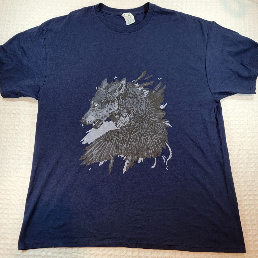 Delta Pro Weight Mens XL Navy Blue Nature Wolf Winged Graphic T-Shirt Cotton Tee